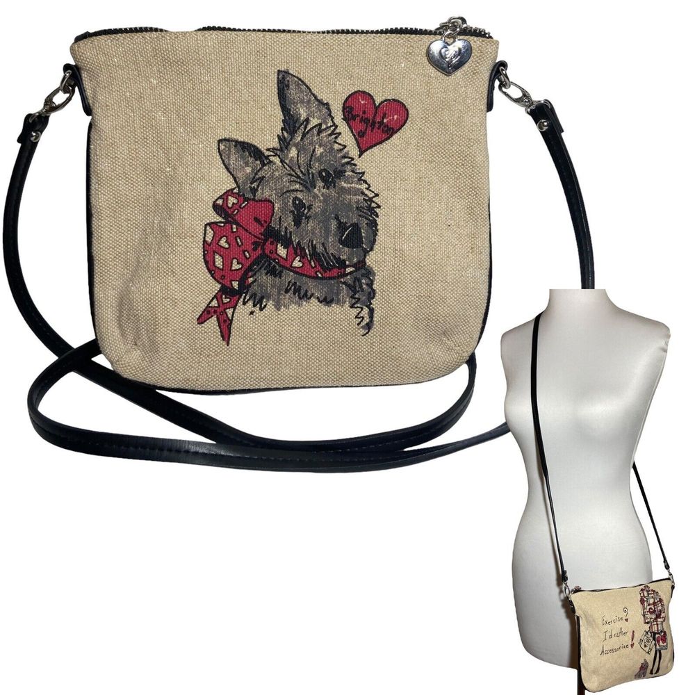 Brighton Beige Canvas Crossbody Bag Yorkie Scottie Purse Y2K Vintage Handbag